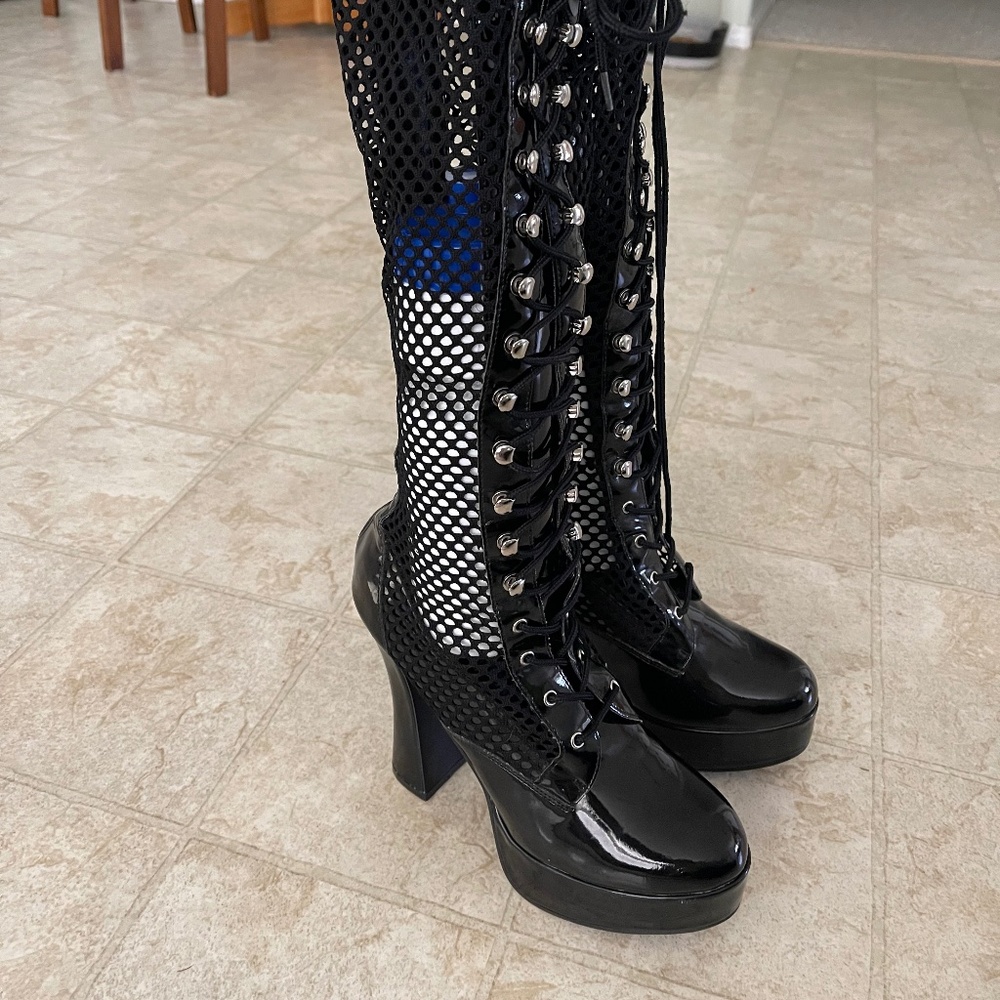 Knee-High Mesh Lace-up / Zipper Boots
